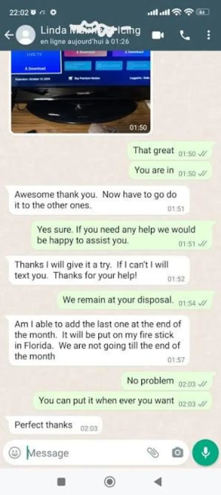WhatsApp support chat — Fire Stick listo